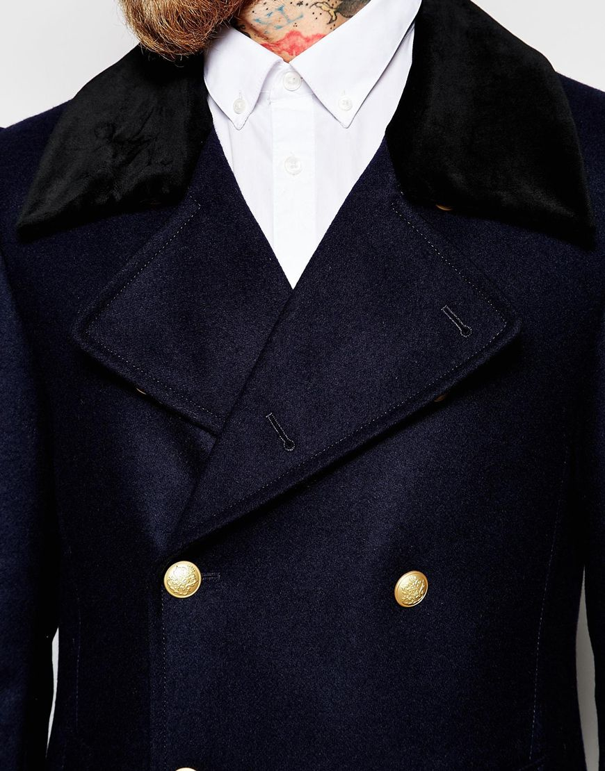 Heart & Dagger Wool Double Breasted Overcoat With Gold Buttons in Navy  (Black) for Men | Lyst