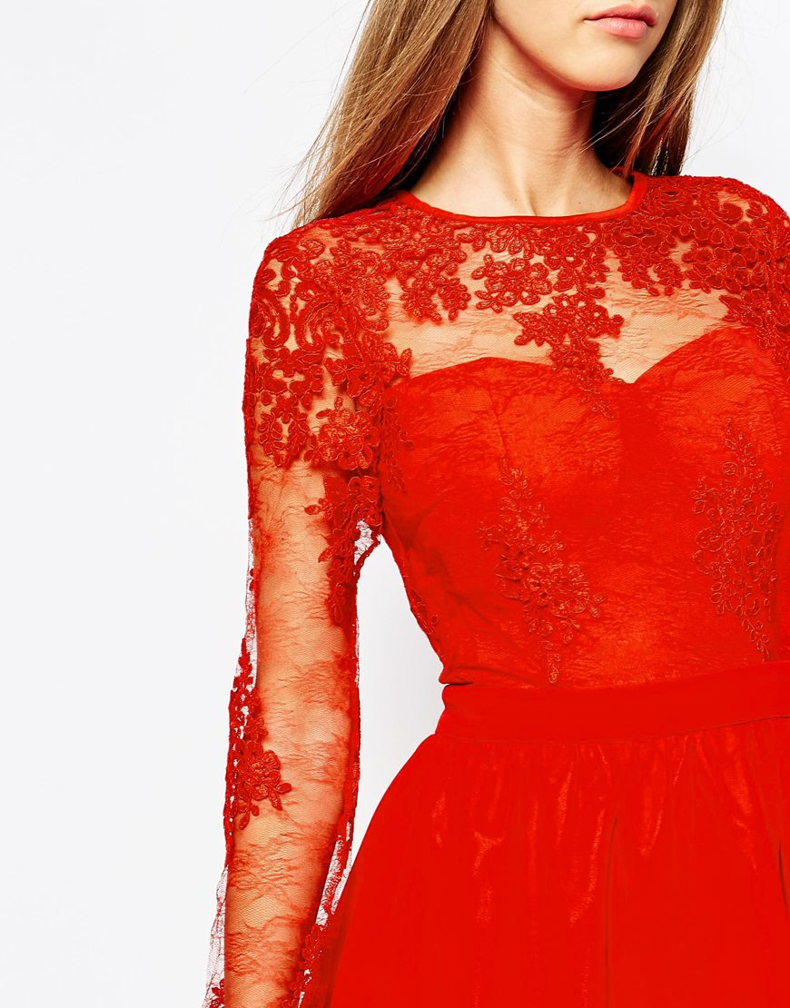 Missguided Premium Lace Long Sleeve Skater Dress in Red | Lyst