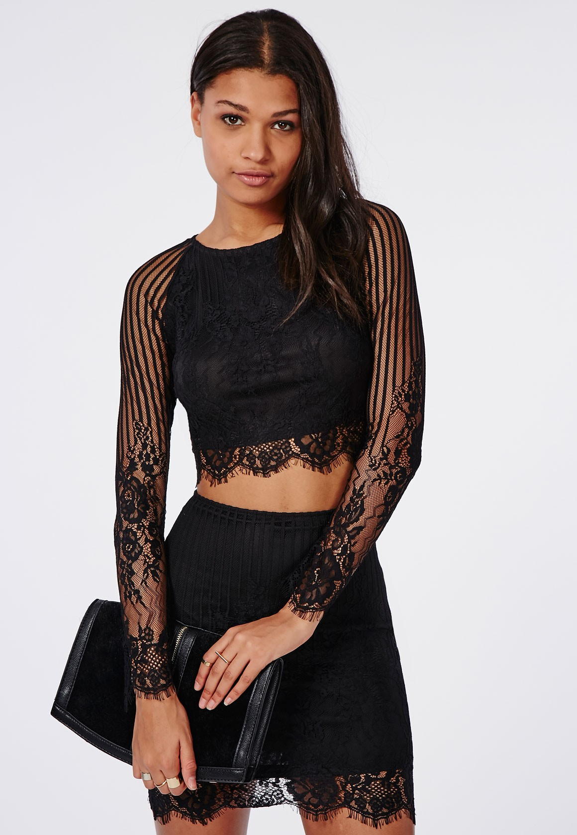 Missguided Long Sleeve Striped Lace Crop Top Black - Lyst