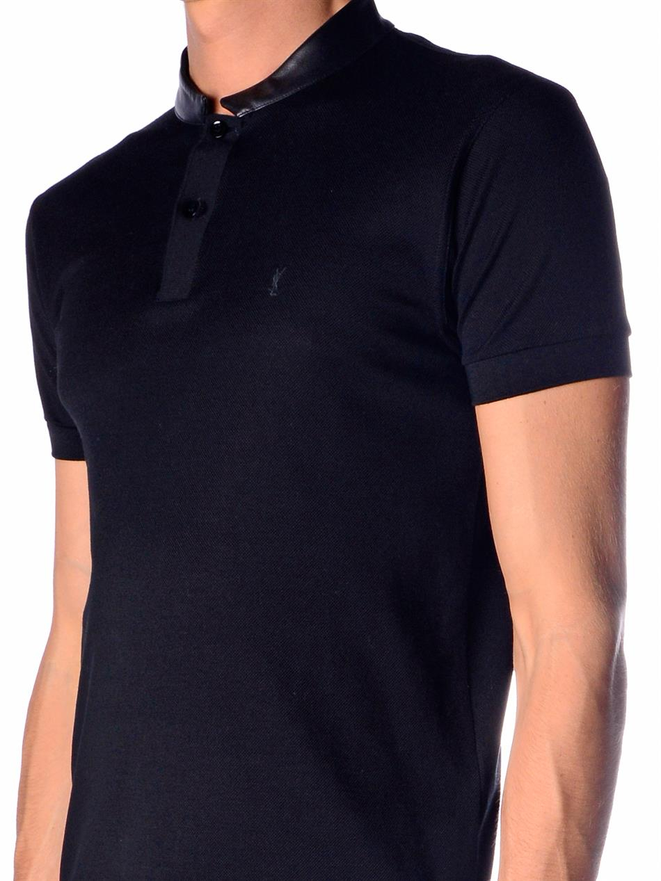 Saint Laurent Leather-Collar Polo Shirt in Black for Men | Lyst