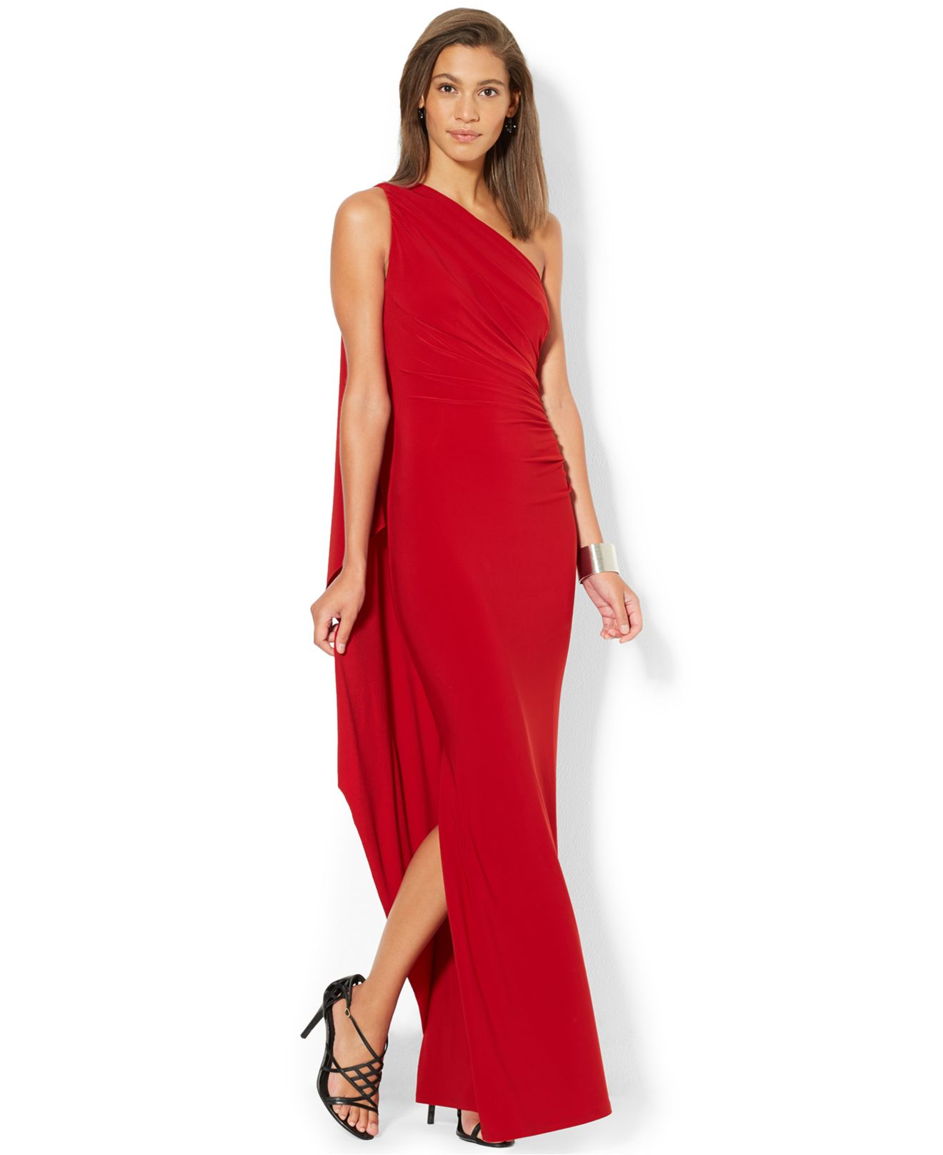 Lauren by Ralph Lauren One-Shoulder Draped Gown in Red | Lyst