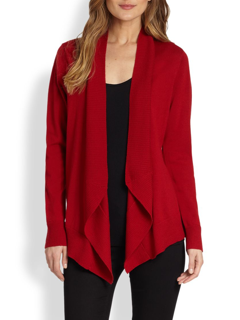 Eileen Fisher Merino Jersey Angled Open Cardigan in Red | Lyst