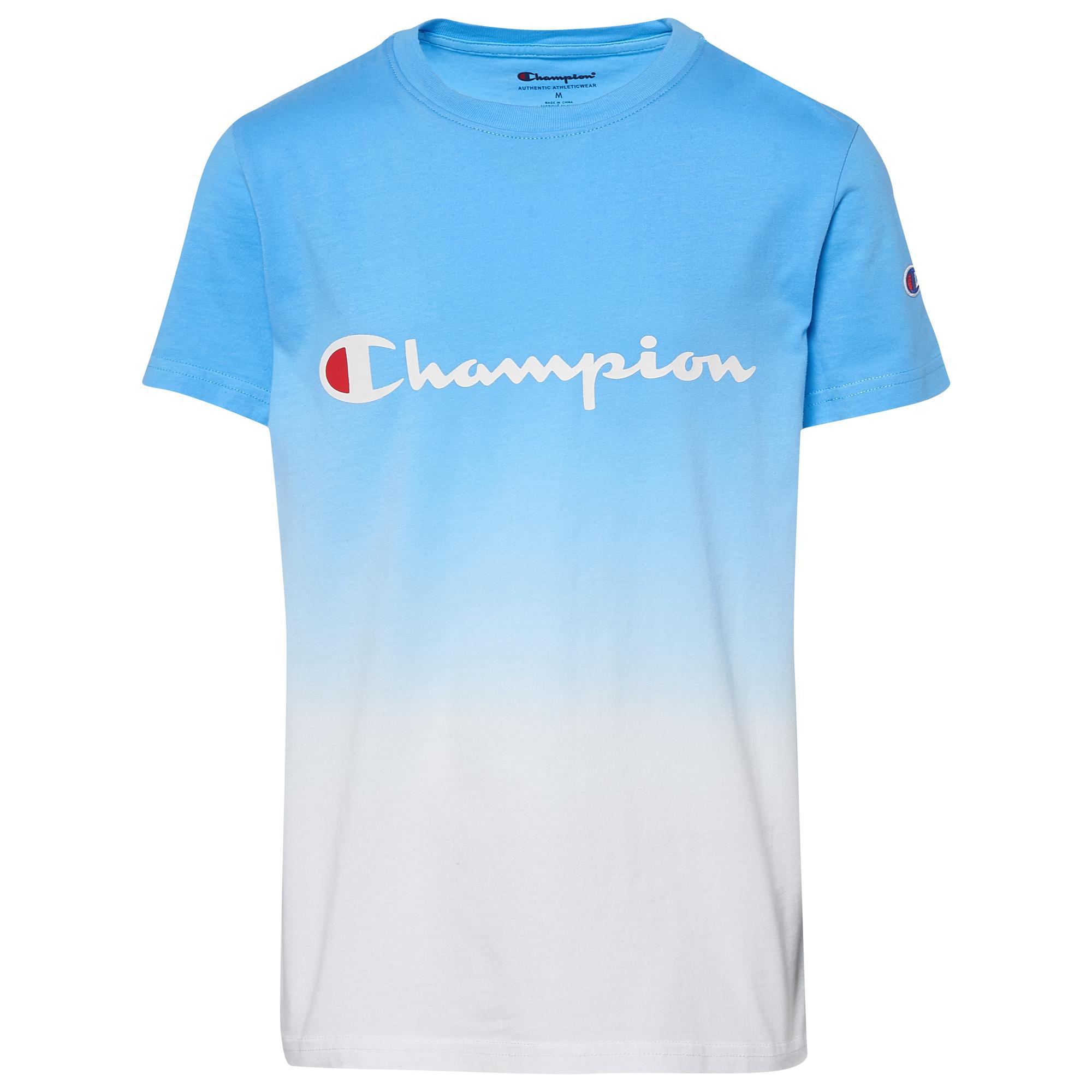 blue and white champion shirt