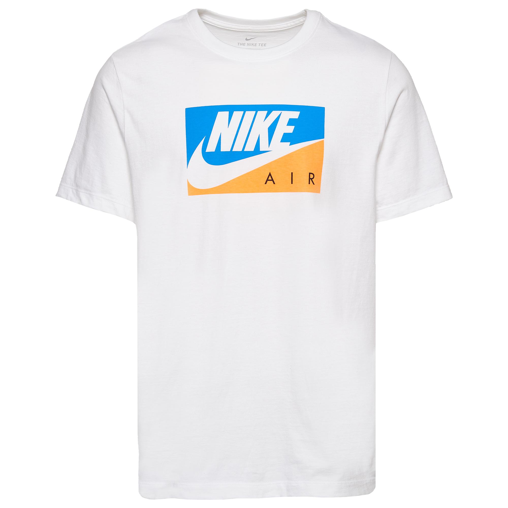 white nike shirt with blue logo