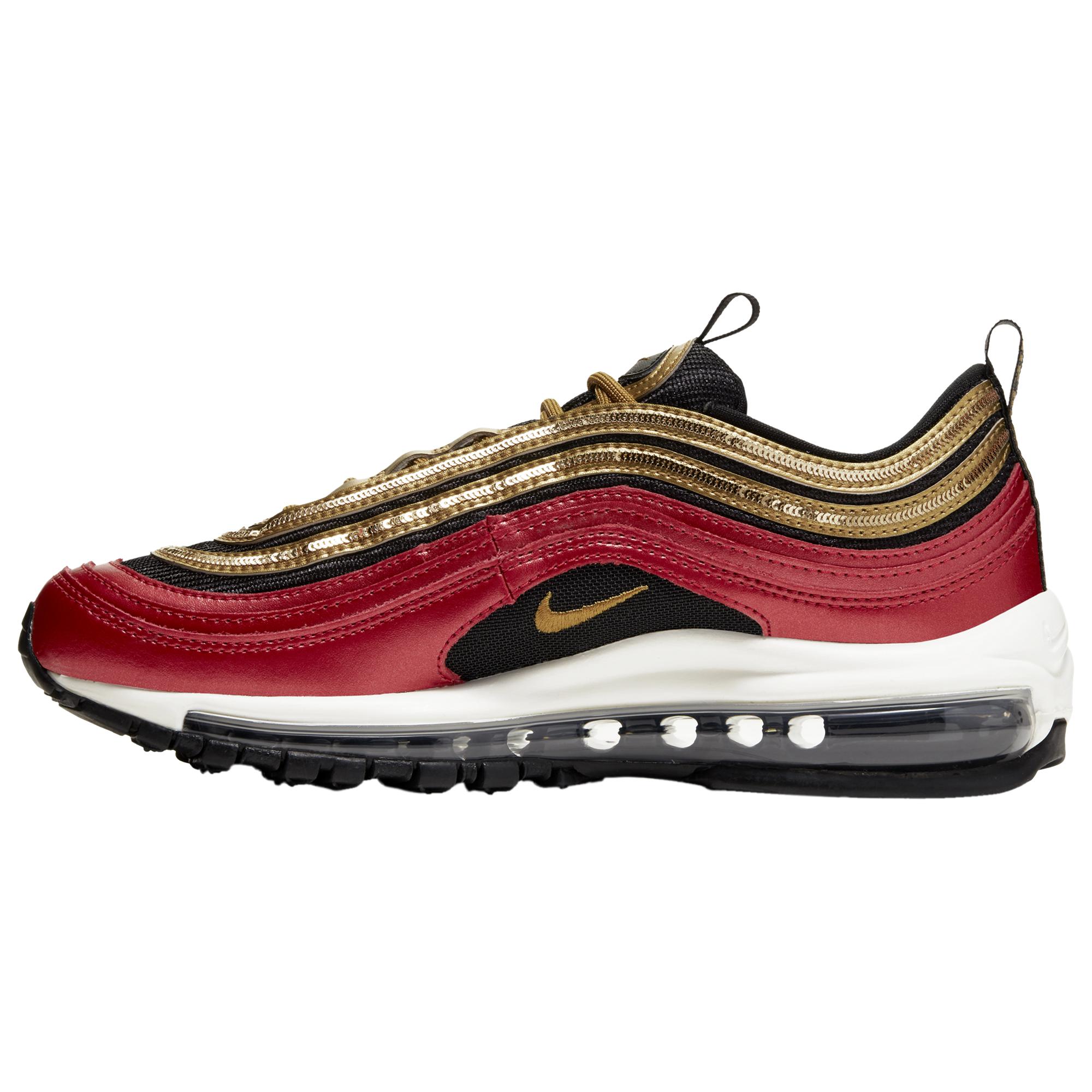 air max 97 gold sneaker in university red metallic gold  and  black