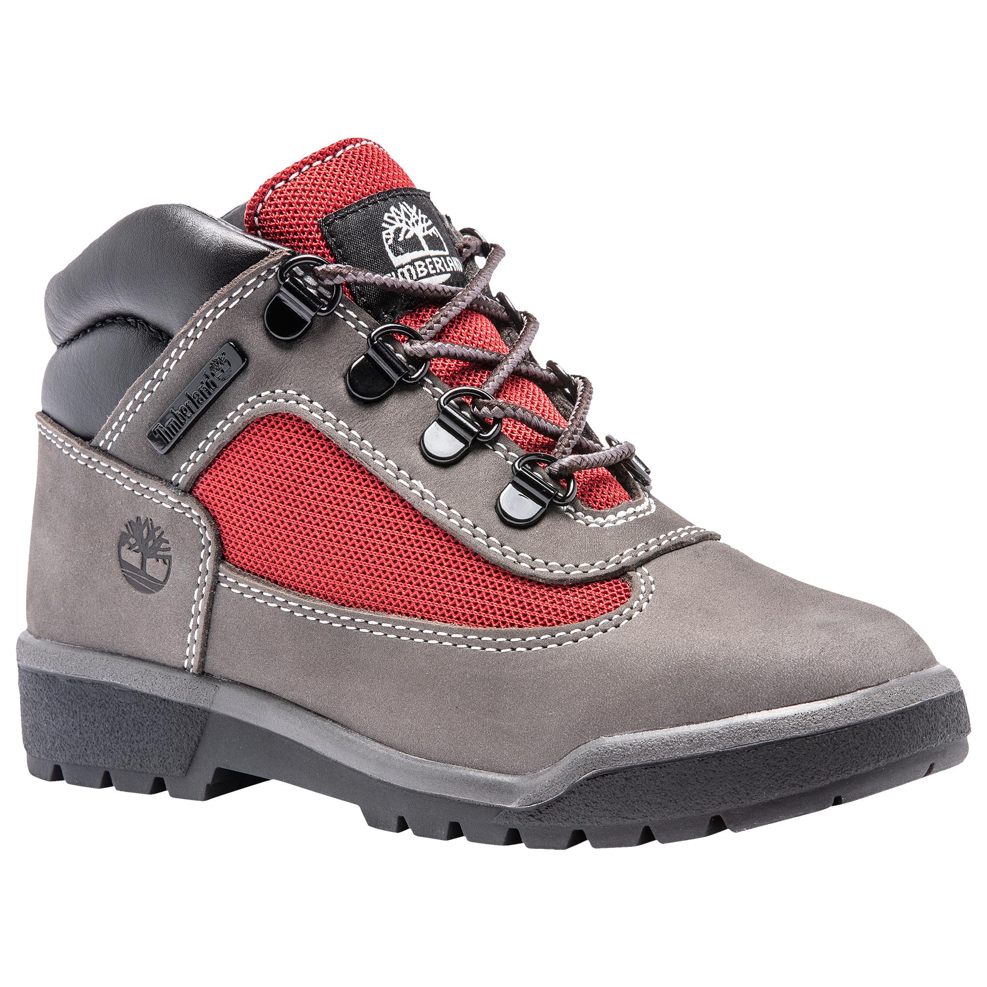 grey and red timberland boots