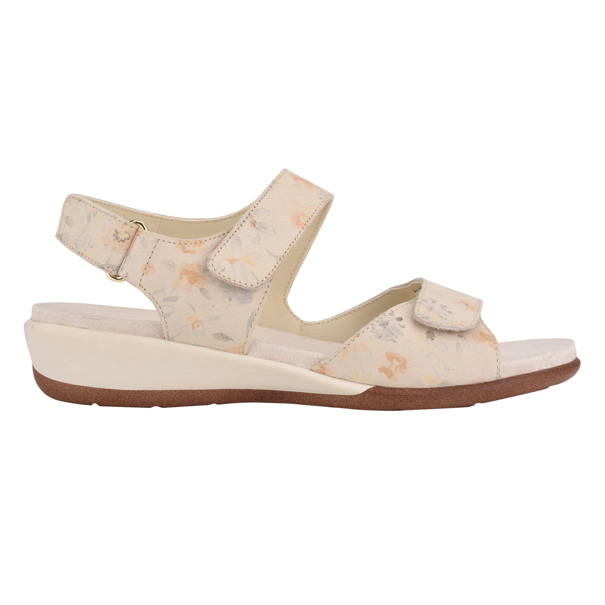 Easy Spirit Hartwell Flat Sandals in White Leather Floral Print (White