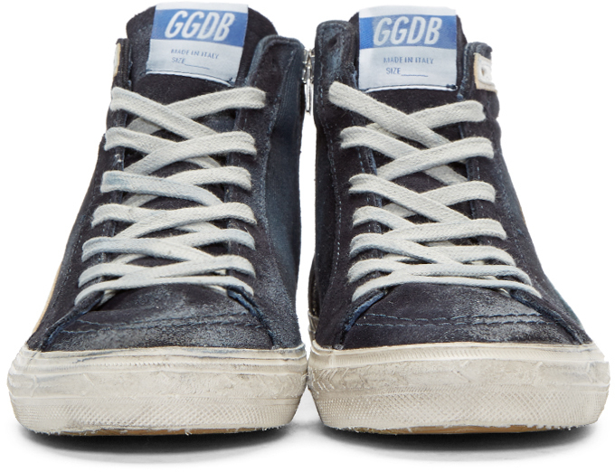 Golden Goose Navy Denim Distressed High-top Slide Sneakers in Blue - Lyst