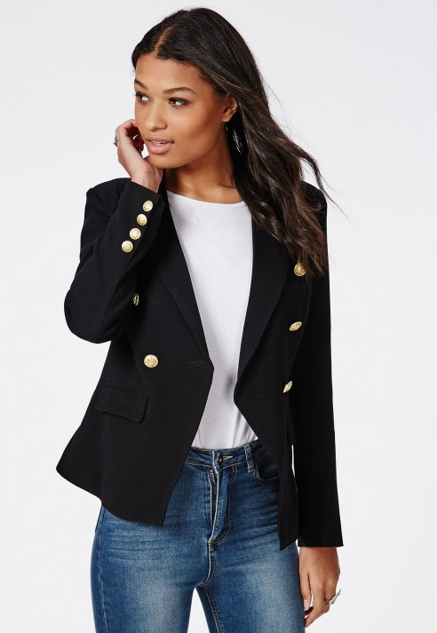 gold button black blazer