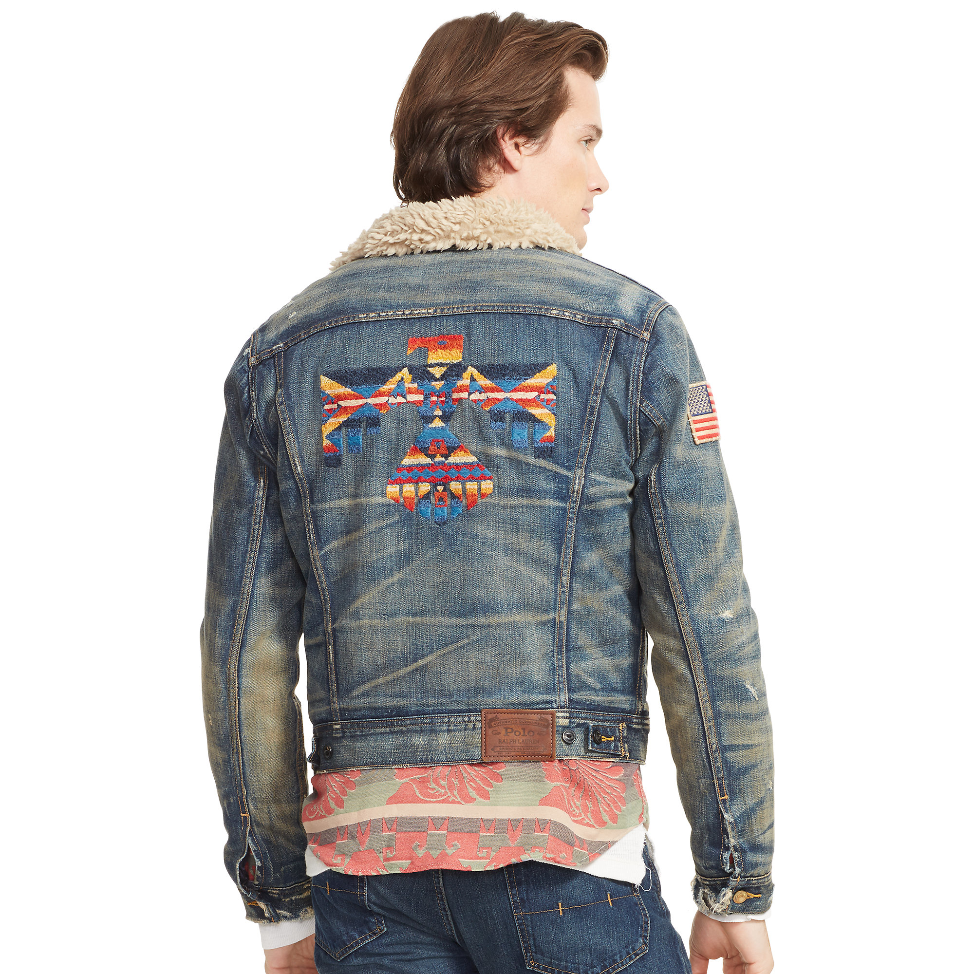 ralph lauren polo fleece lined indian embroidered denim trucker jacket