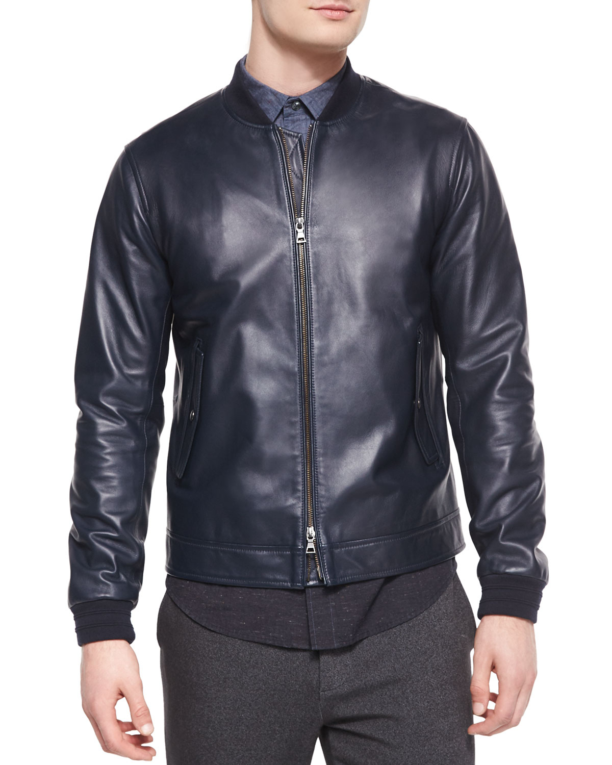Vince Leather Bomber Jacket in Blue for Men Lyst
