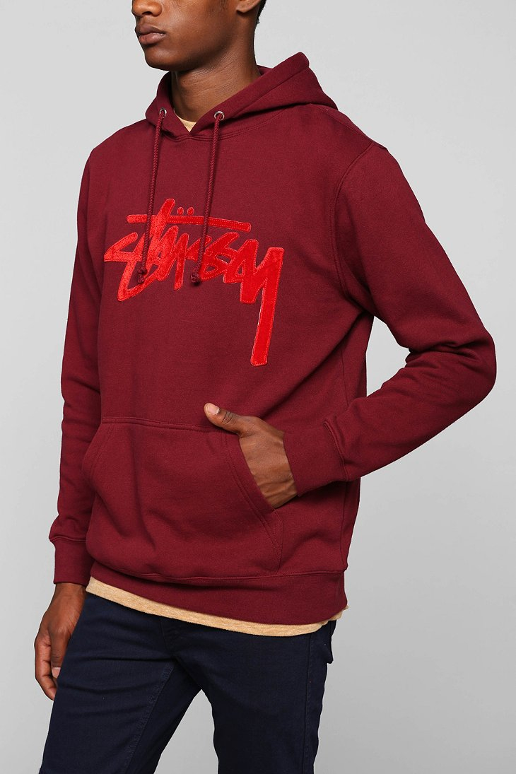Stussy Velvet Stock Pullover Hoodie Sweatshirt in Red for Men | Lyst