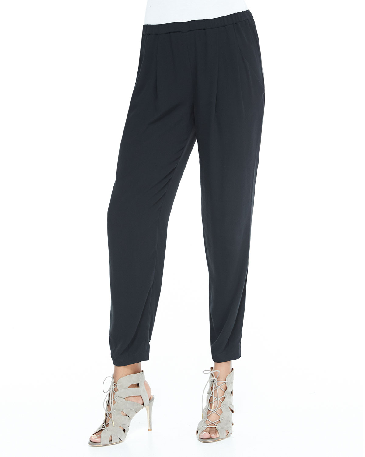 Eileen Fisher Slouchy Silk Ankle Pants in Black - Lyst