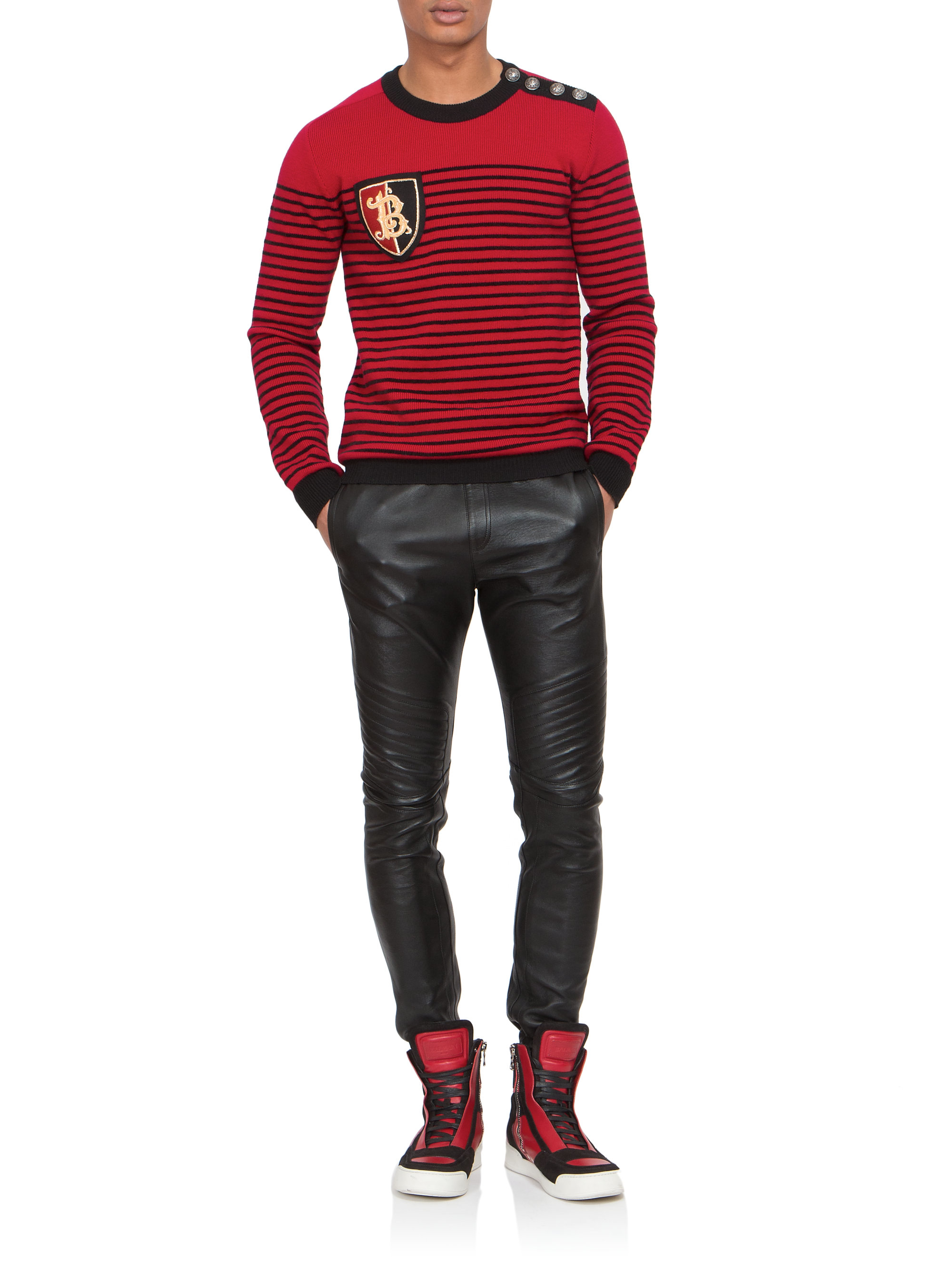 Lyst Balmain Quilted Leather Jogger Pants in Black for Men