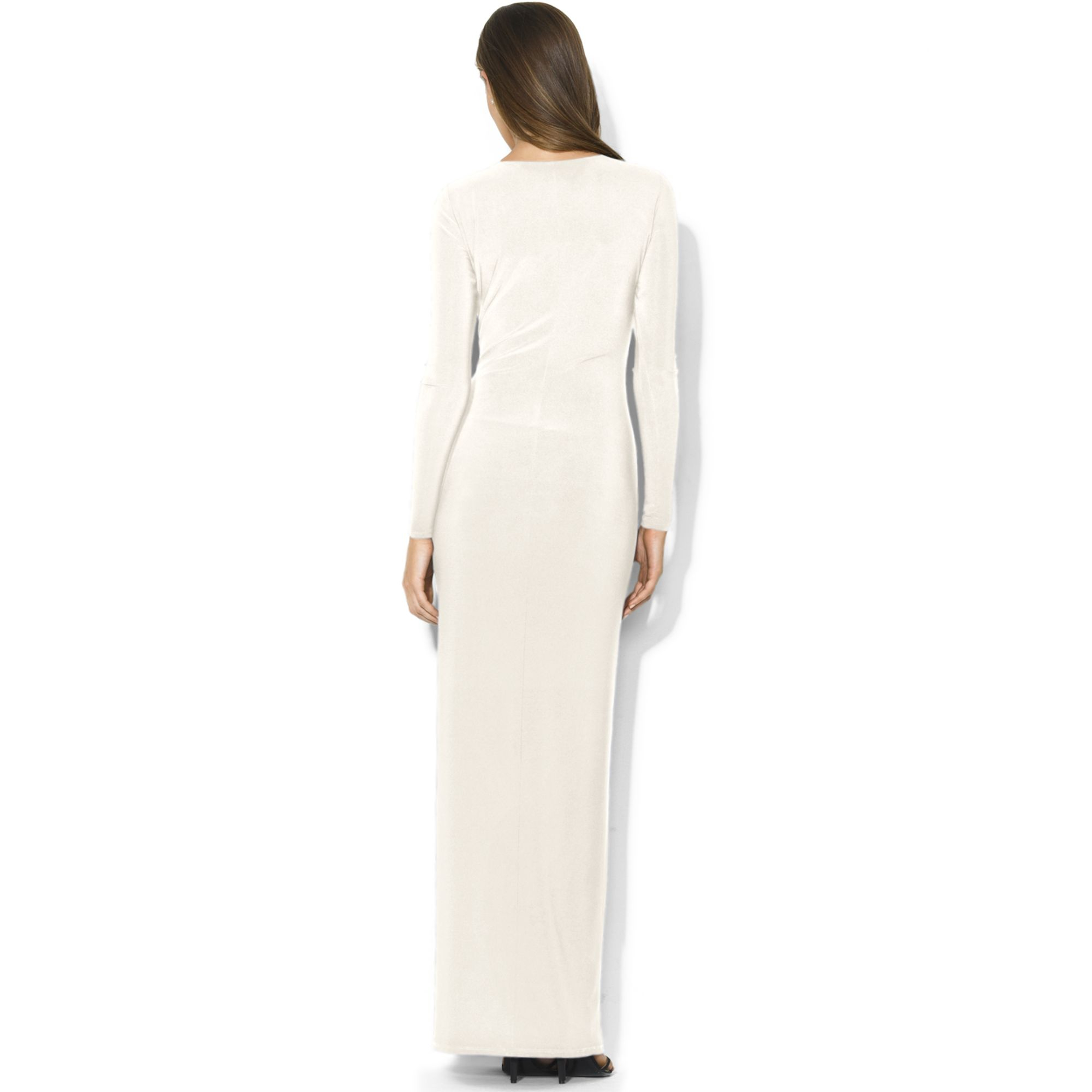 Lauren by Ralph Lauren Longsleeve Draped Brooch Dress in White | Lyst