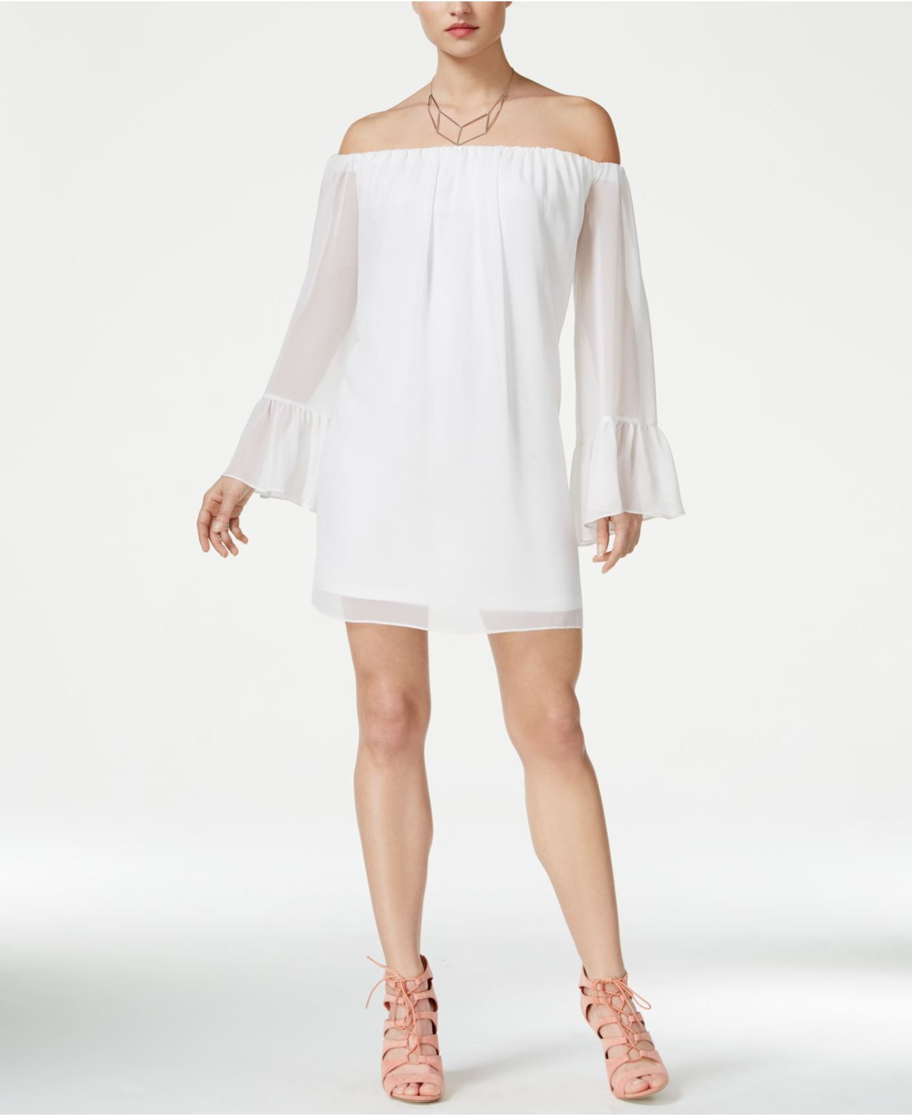 Guess Off-shoulder Bell-sleeve Babydoll Dress in White | Lyst