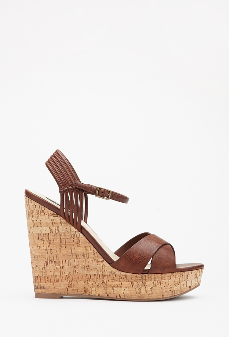 Forever 21 Strappy Cork Wedge Sandals in Brown (DARK BROWN)