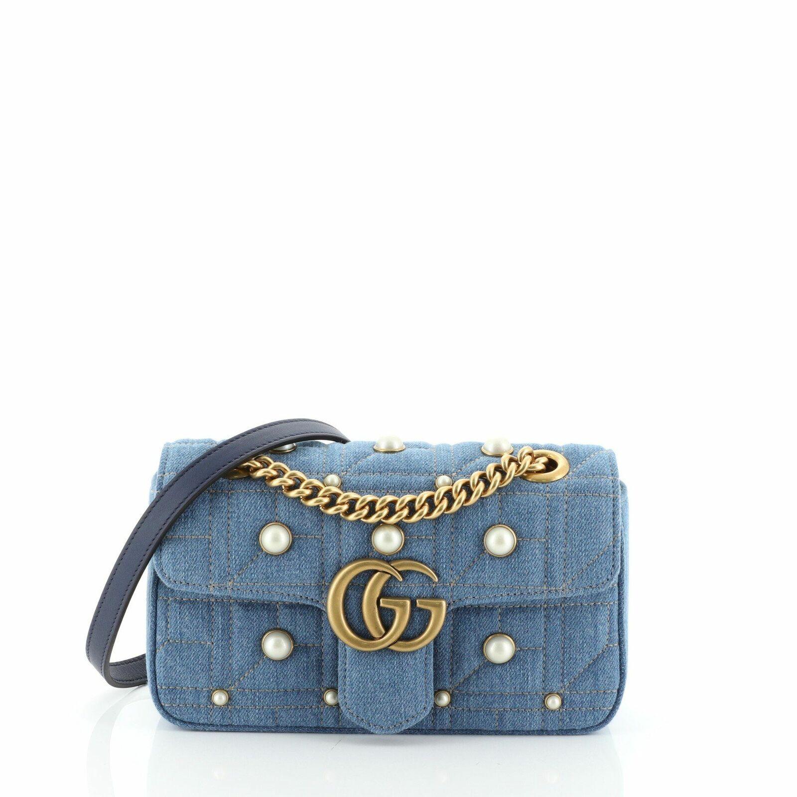 Gucci Gg Marmont 2.0 Imitation Pearl Embellished Denim Crossbody Bag in Light Blue (Blue) - Lyst
