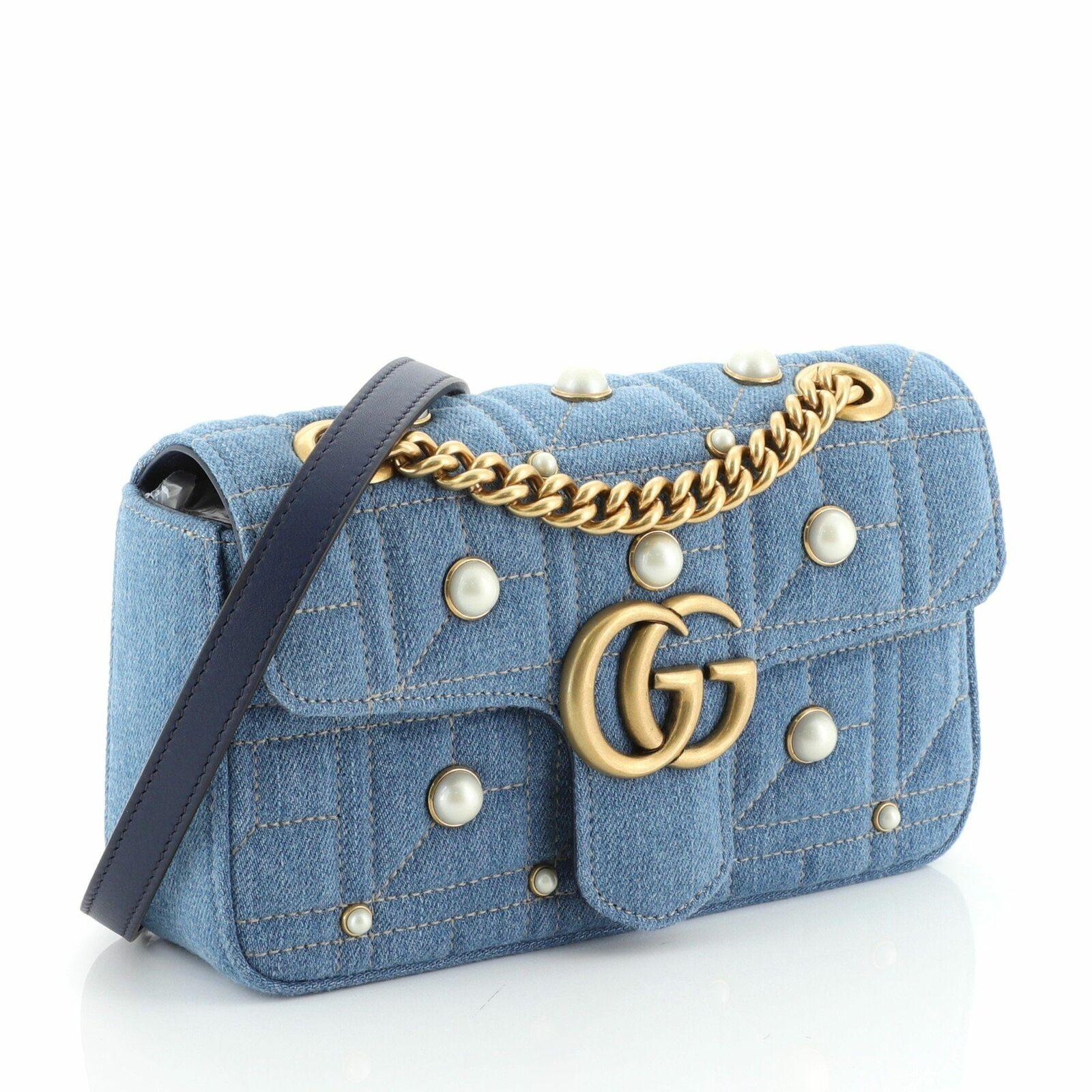 Gucci Gg Marmont 2.0 Imitation Pearl Embellished Denim Crossbody Bag in Light Blue (Blue) - Lyst