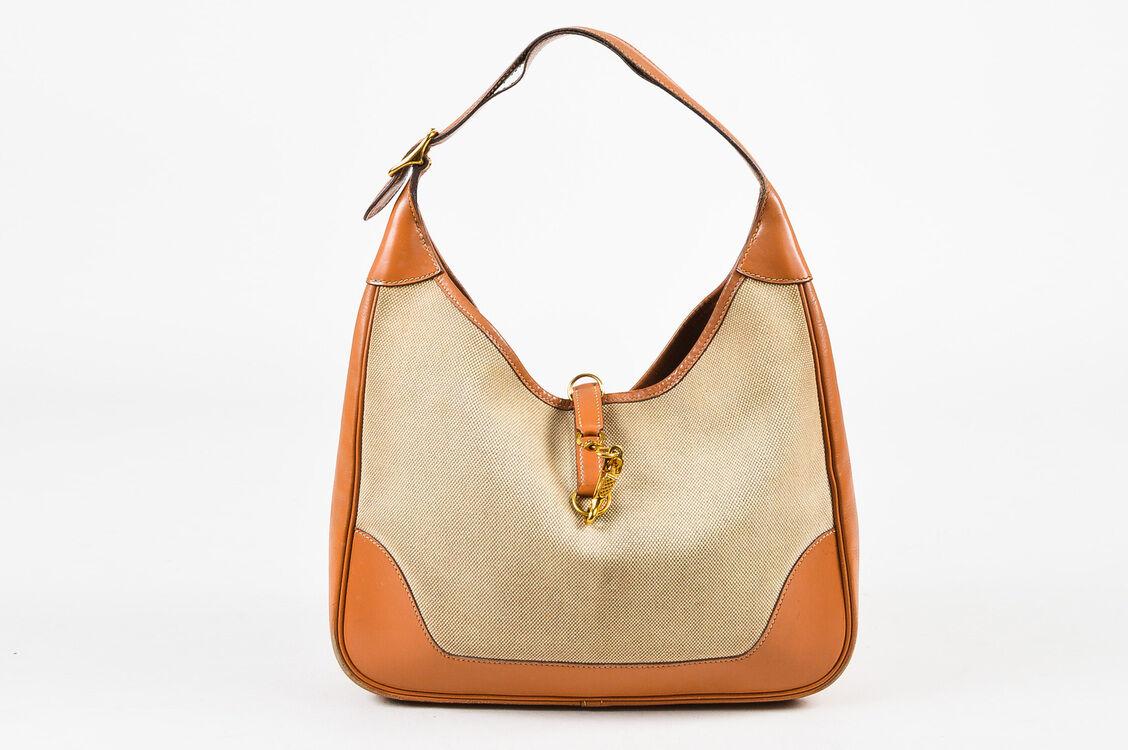 Hermès Vintage Beige Tan Box Calf Leather Canvas &quot;trim I&quot; Shoulder Bag in Beige/Gold (Natural ...