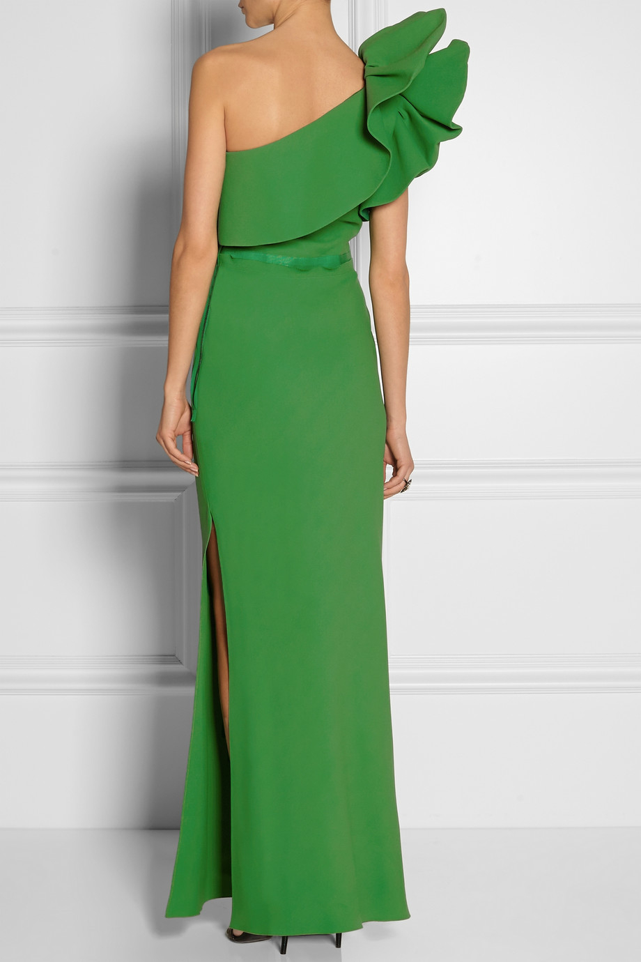 Green one top shoulder ruffle dress