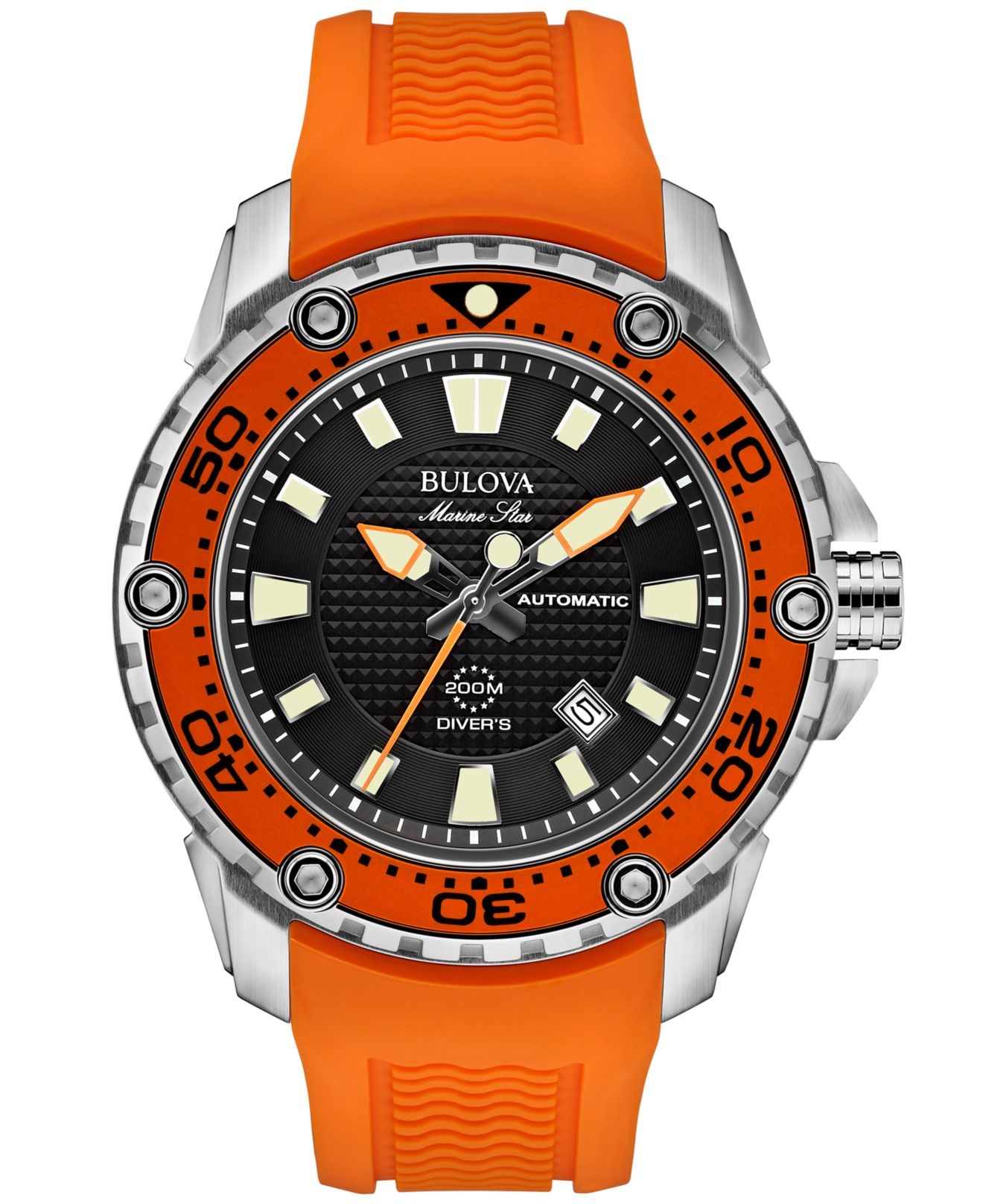 Bulova Men's Automatic Marine Star Orange Silicone Strap Watch 47mm