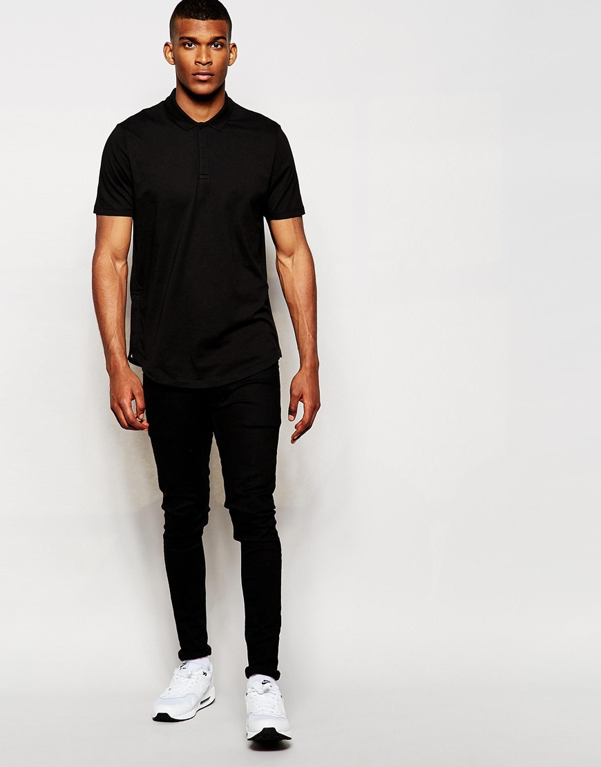 Lyst - Asos Longline Polo Shirt With Popper Side Seams in Black for Men