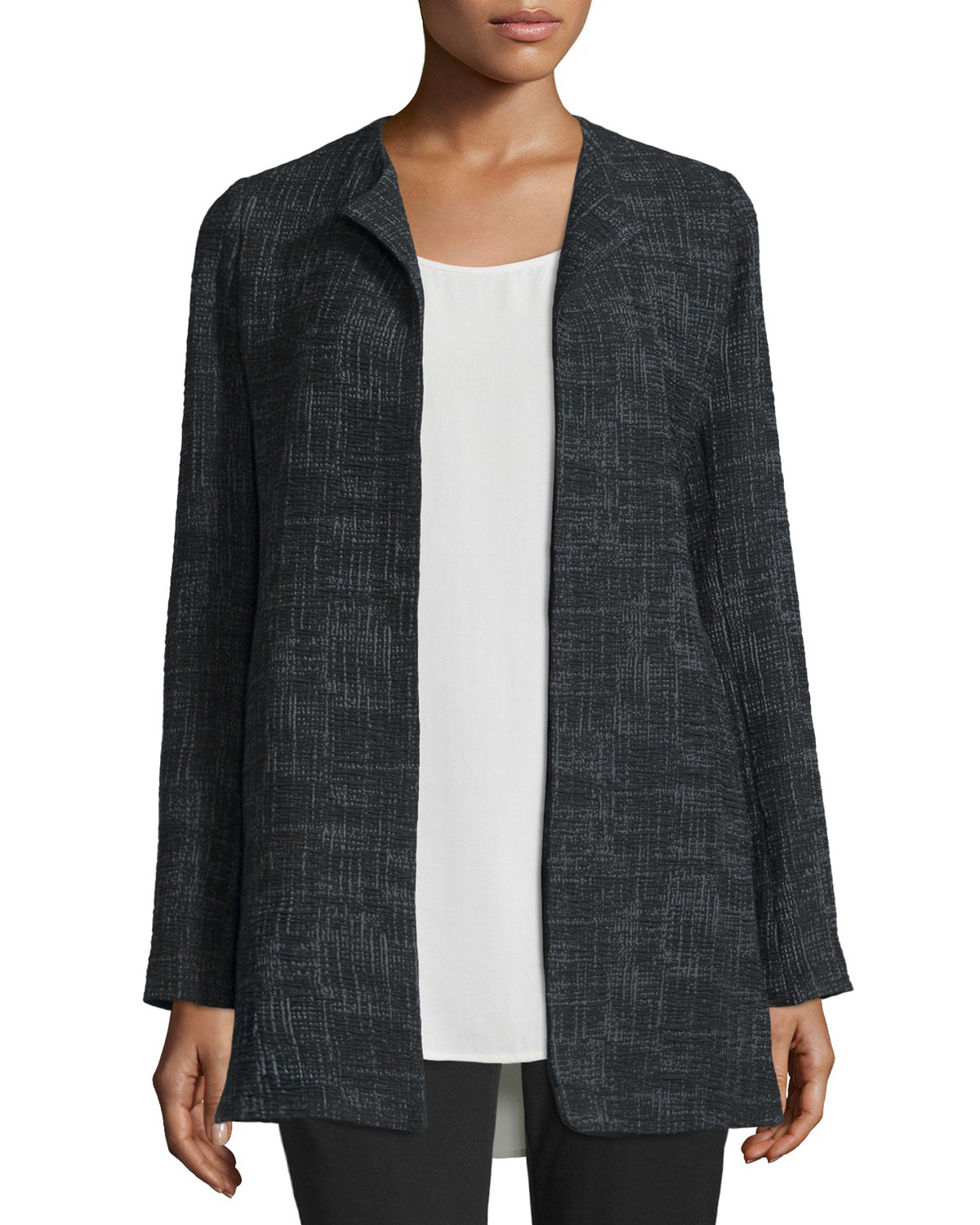 Eileen fisher Crosshatched Long Jacket in Black | Lyst