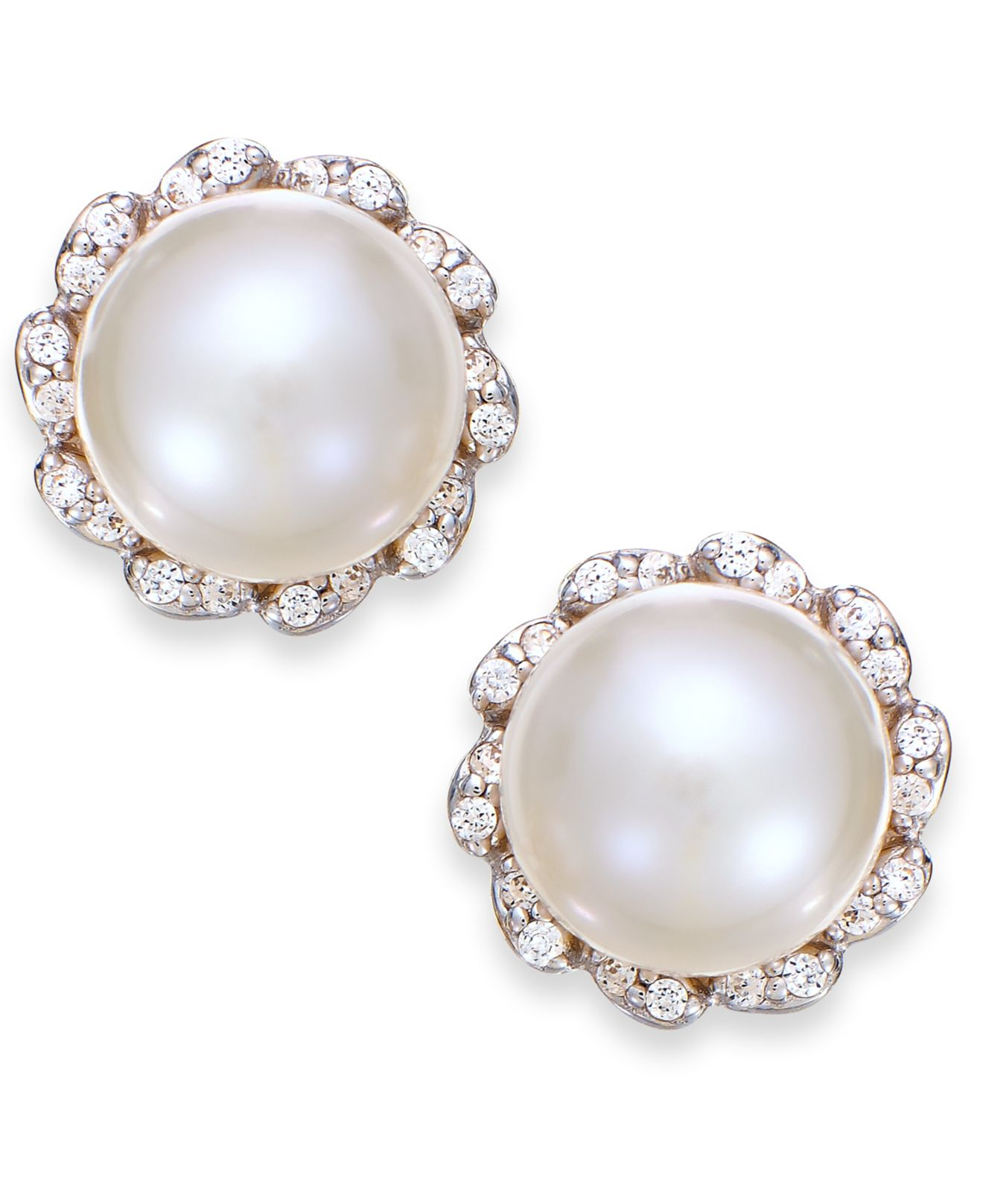 Macy&#39;s Cultured Freshwater Pearl (7mm) And Diamond (1/8 Ct. T.w.) Earrings In 14k Gold in ...