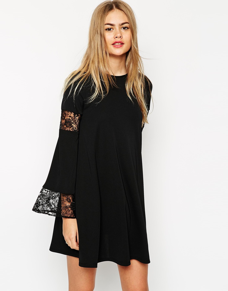 ASOS Boho Swing Dress With Long Sleeve And Lace Inserts in Black - Lyst
