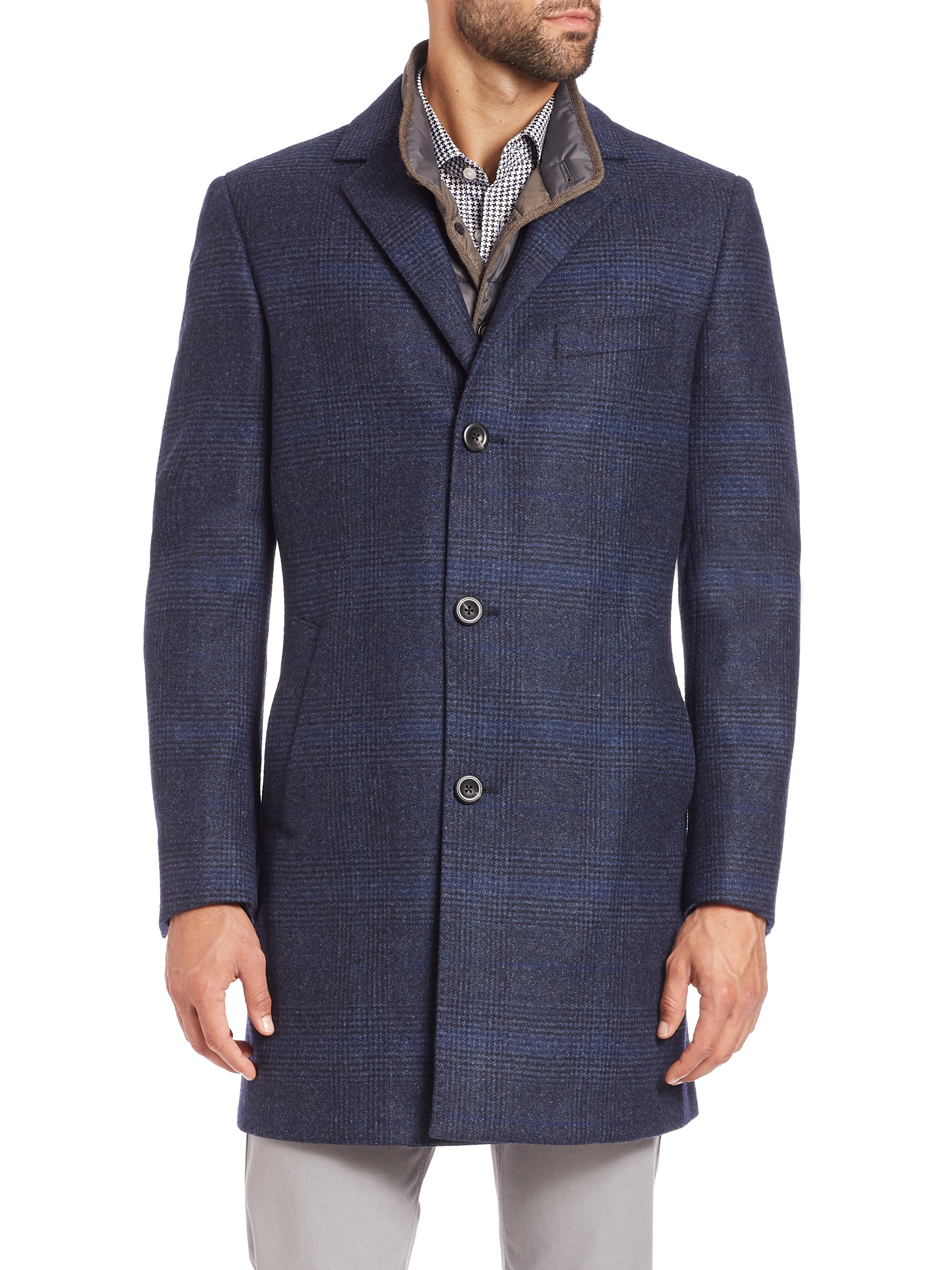 Lyst Saks Fifth Avenue Plaid Wool Overcoat in Blue for Men