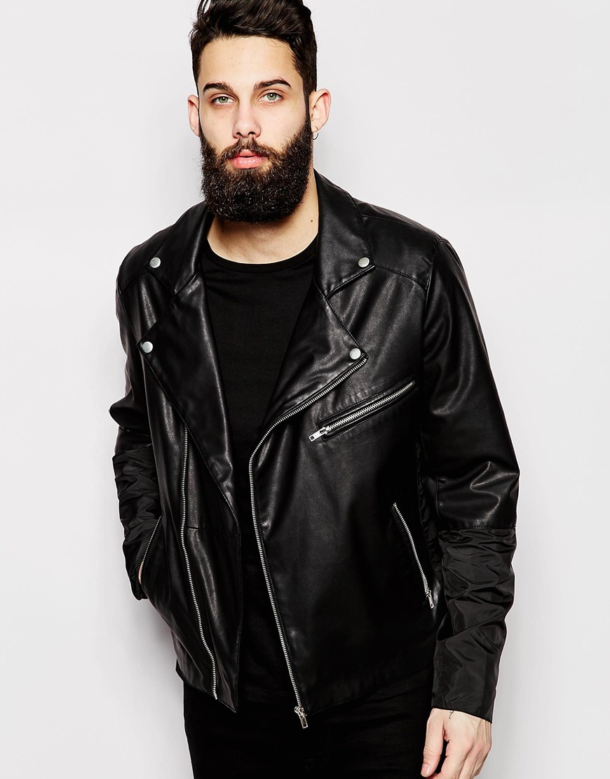 Asos Faux Leather Biker Jacket With Contrast Panels In Black For Gallery