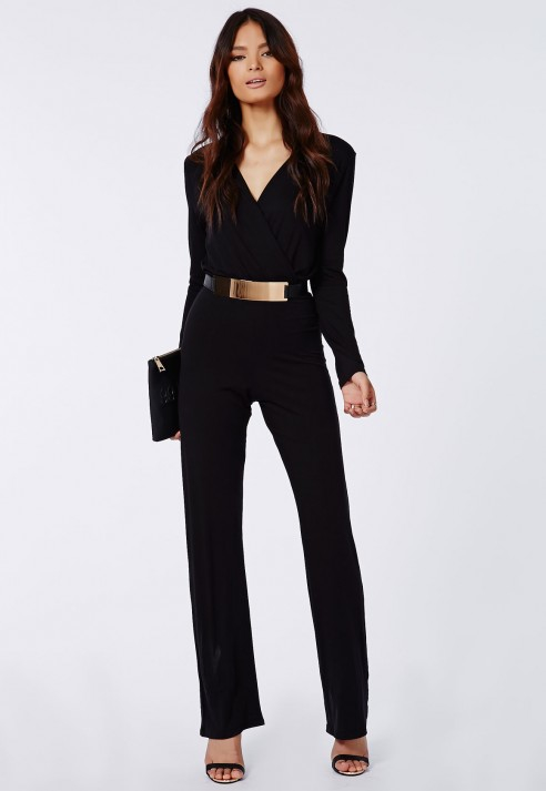 black long sleeve wide leg jumpsuit