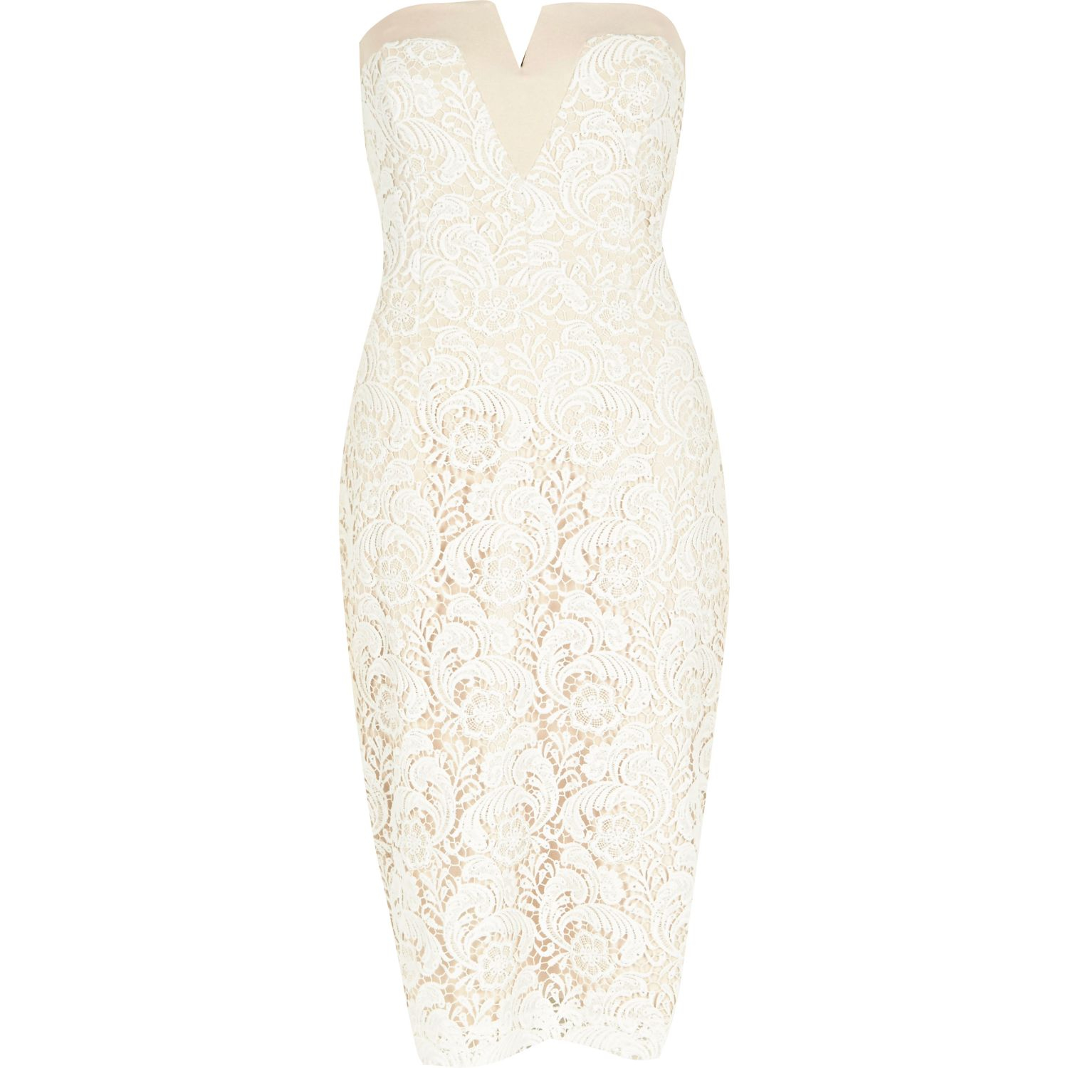 River island Light Pink Lace Overlay Bandeau Pencil Dress in Pink | Lyst