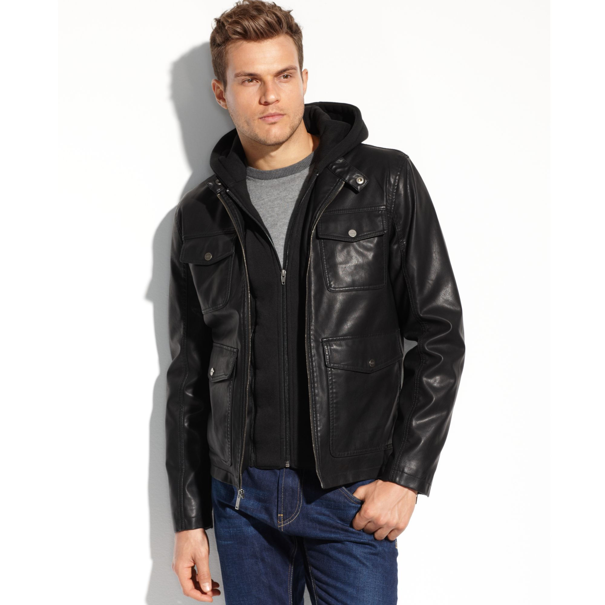 guess leather jacket with hood