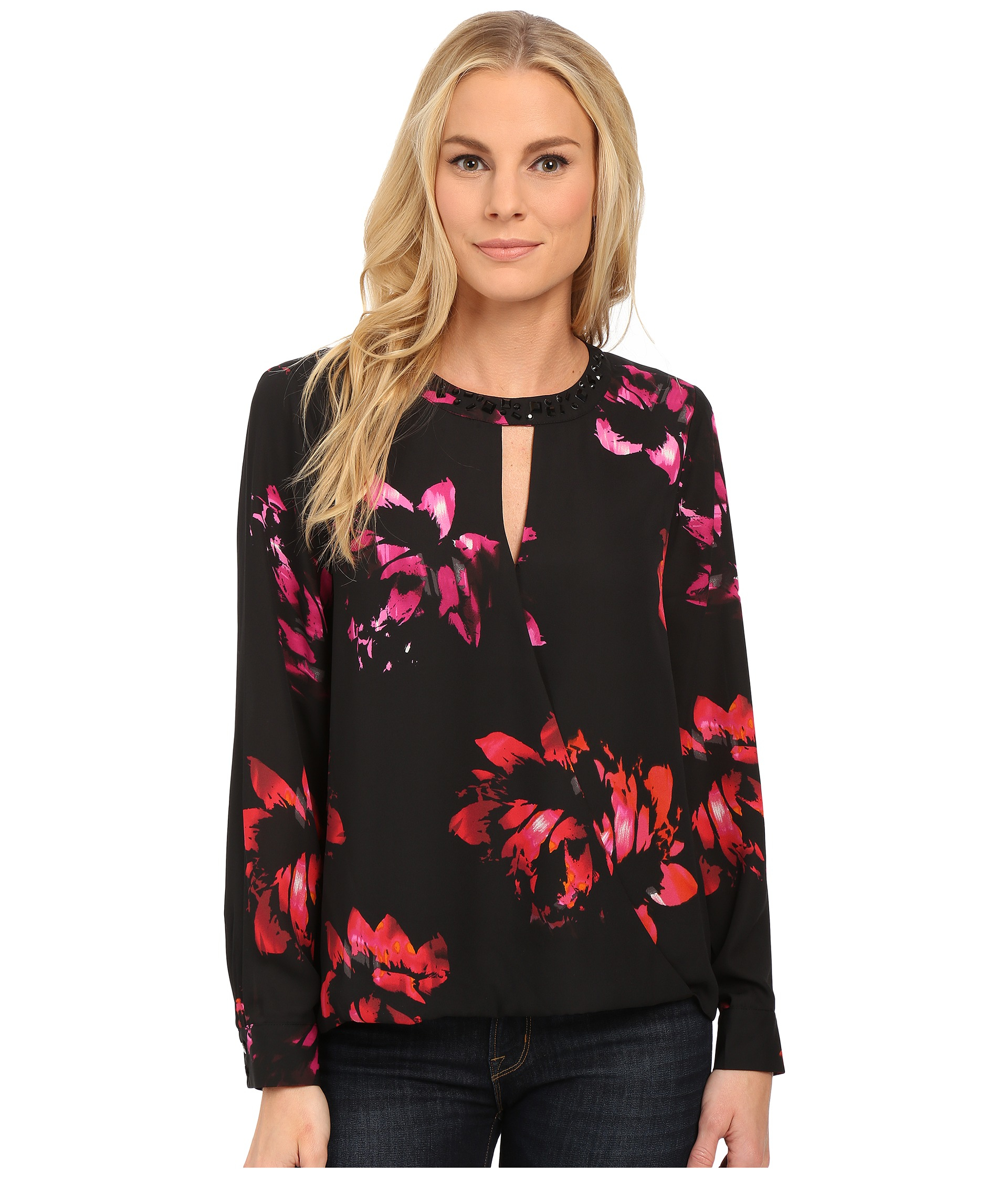 Lyst Vince Camuto Long Sleeve Wrap Front Floral Blouse W/ Neck