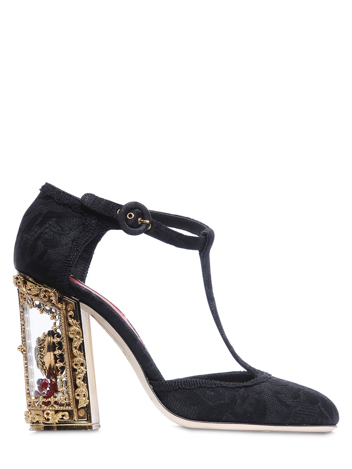 Dolce & Gabbana 105Mm Sacred Heart Brocade T-Strap Pumps in Black | Lyst