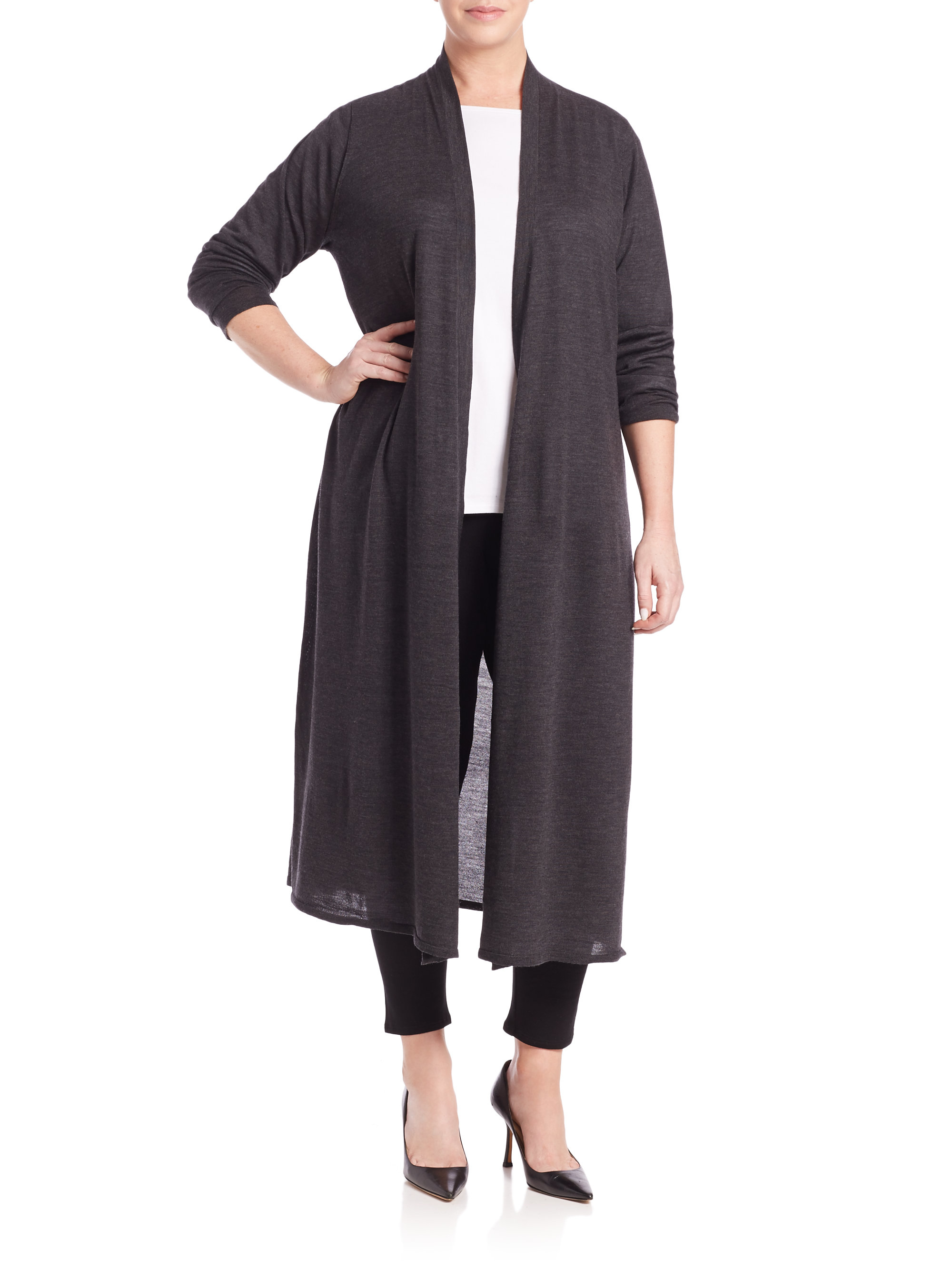 Eileen Fisher Full Length Merino Wool Cardigan In Charcoal Black