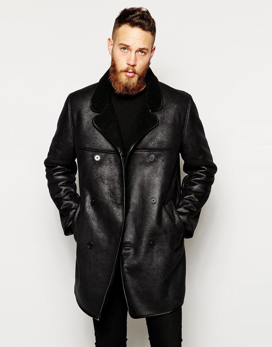 Lyst Asos Leather Look Jacket With Faux Shearling in Black for Men