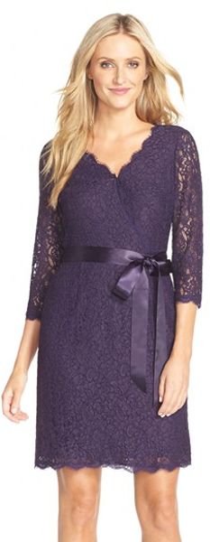 Adrianna Papell Wrap Lace Dress in Purple (PRUNE)