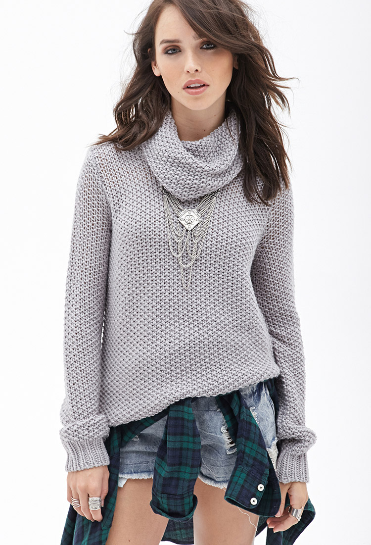 Forever 21 Open-knit Cowl Neck Sweater in Gray | Lyst