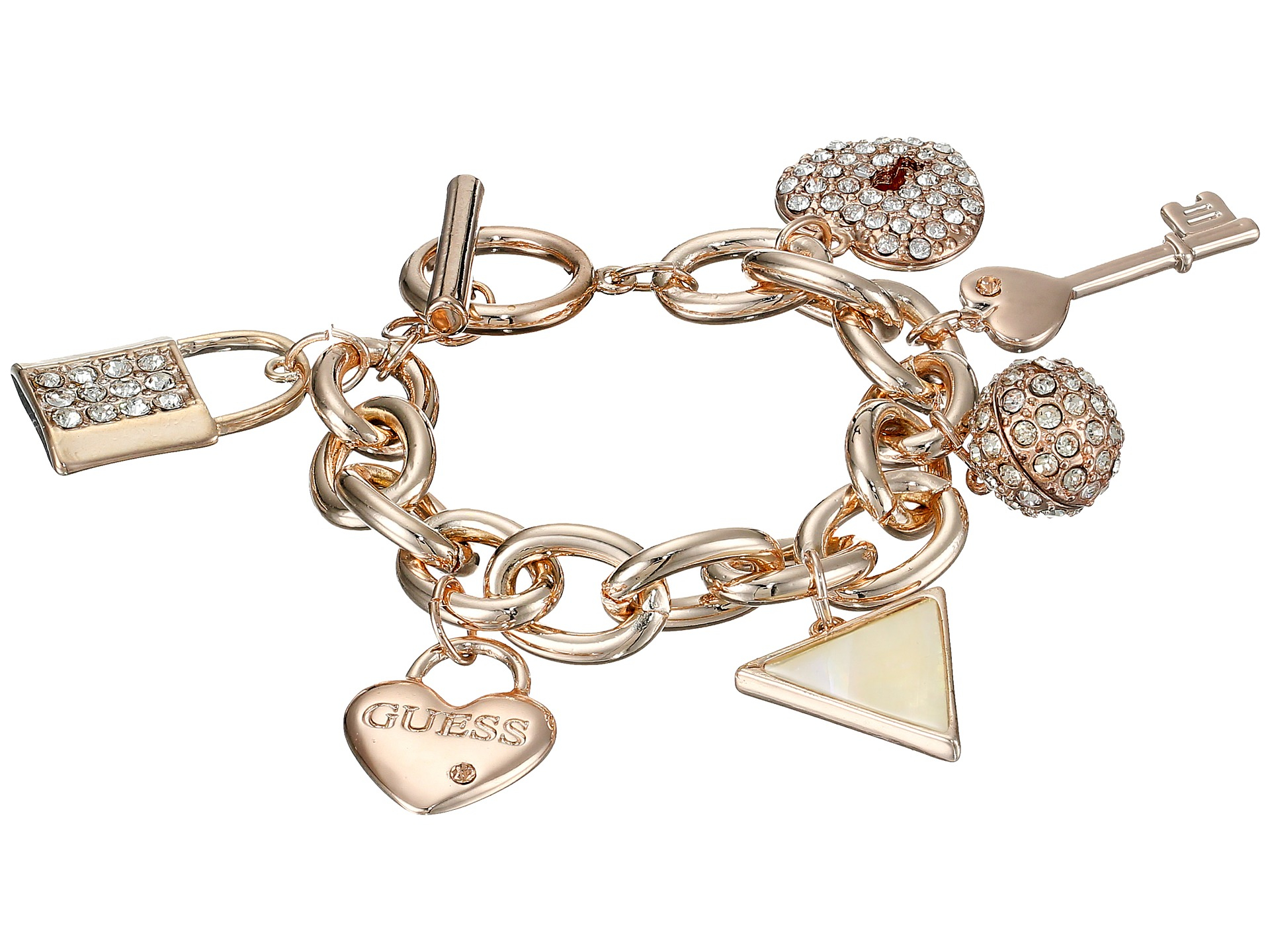 GUESS Toggle Link Bracelet with Heart Charms and Lock