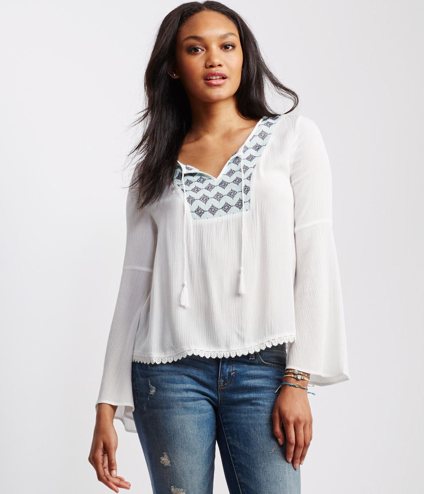 Aéropostale Sheer Embroidered BellSleeve Peasant Top in White Lyst