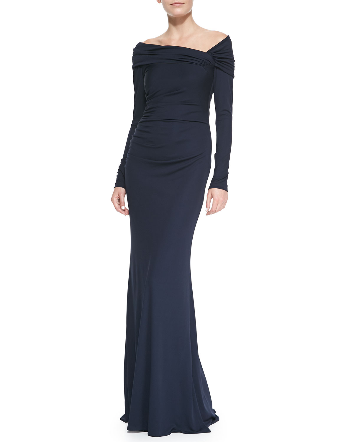 Badgley Mischka Collection Long-Sleeve Off-Shoulder Gown in Blue (NAVY ...