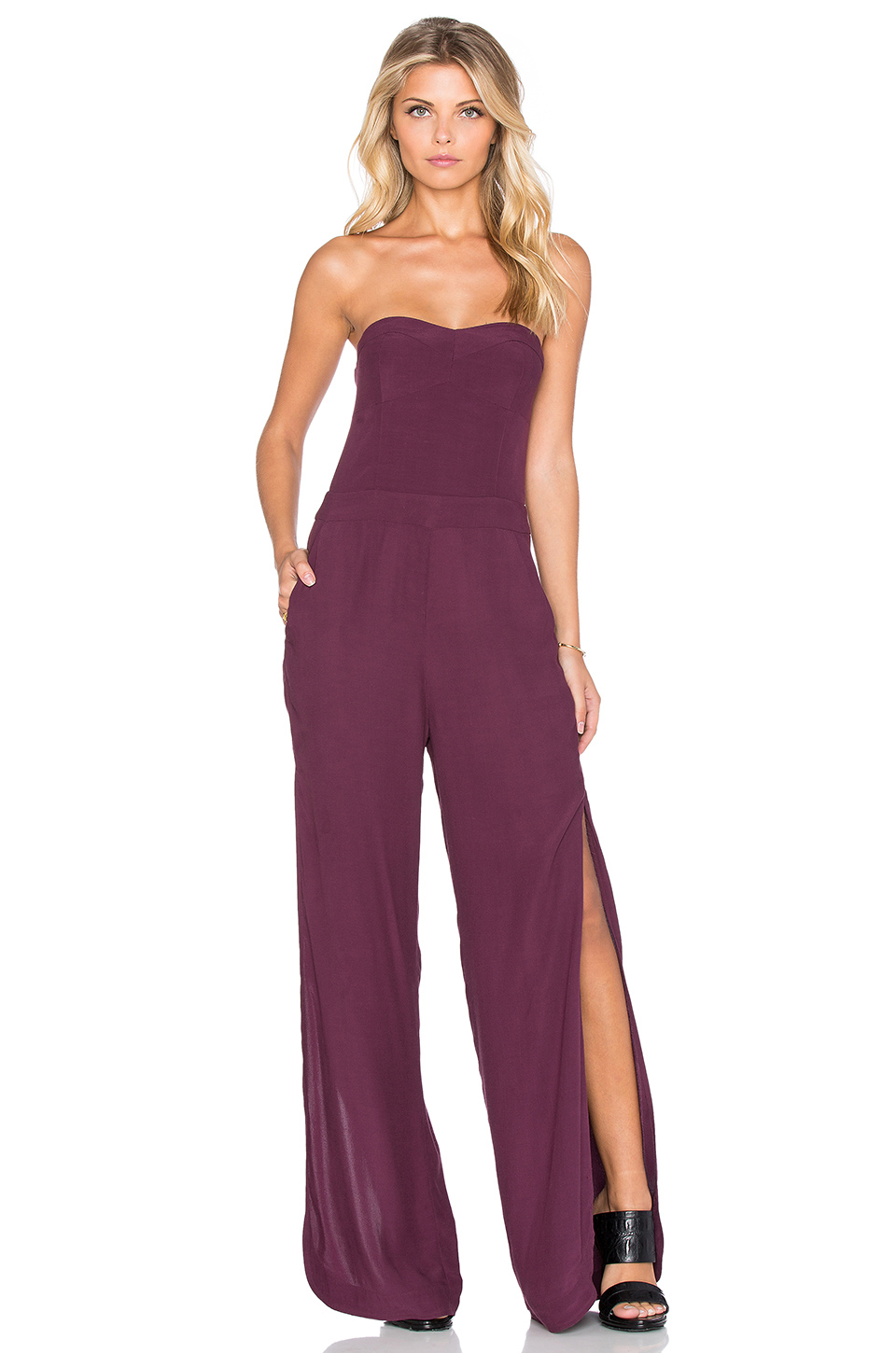 purple strapless jumpsuit