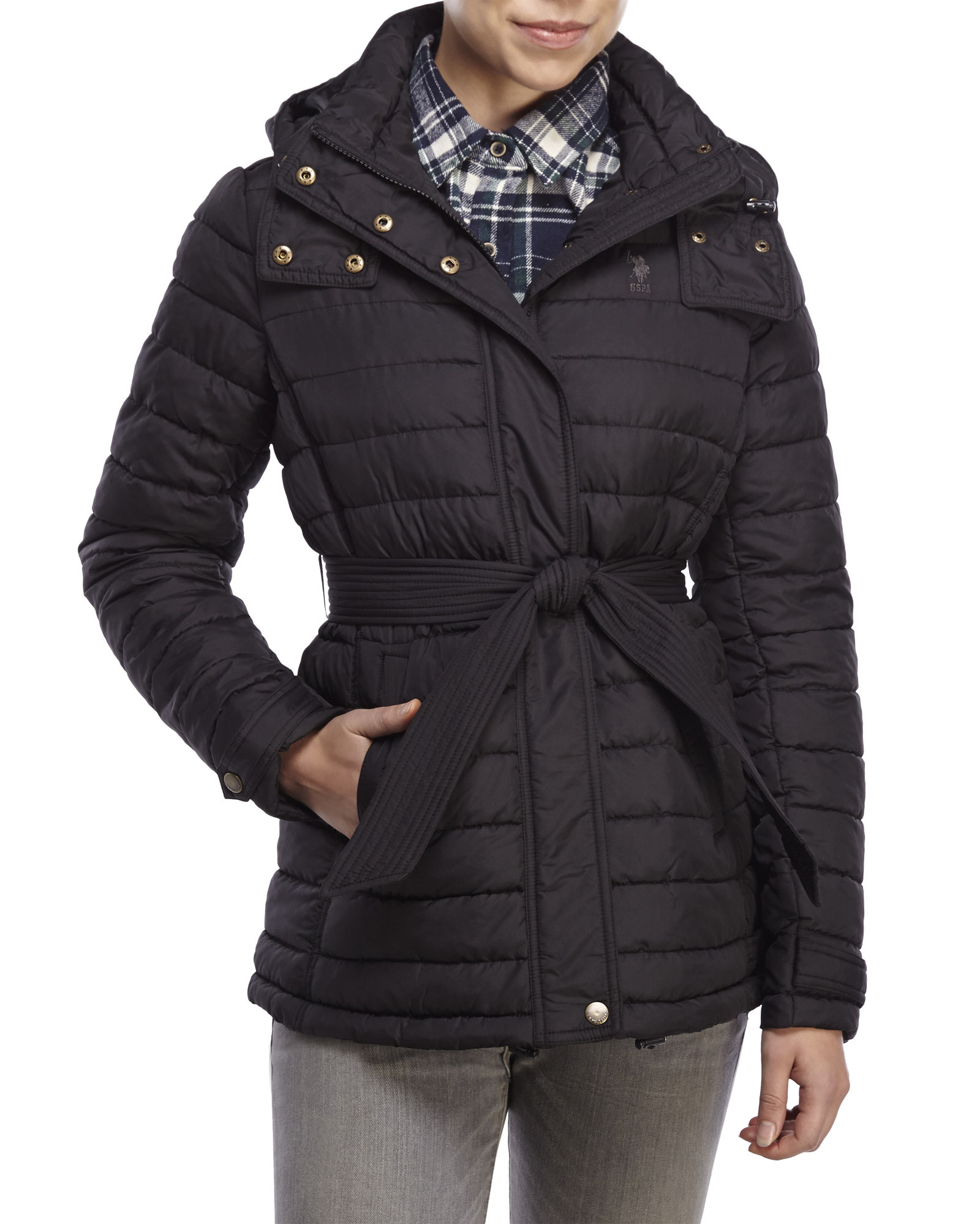 U.s. polo assn. Hooded Belted Puffer Jacket in Black Lyst