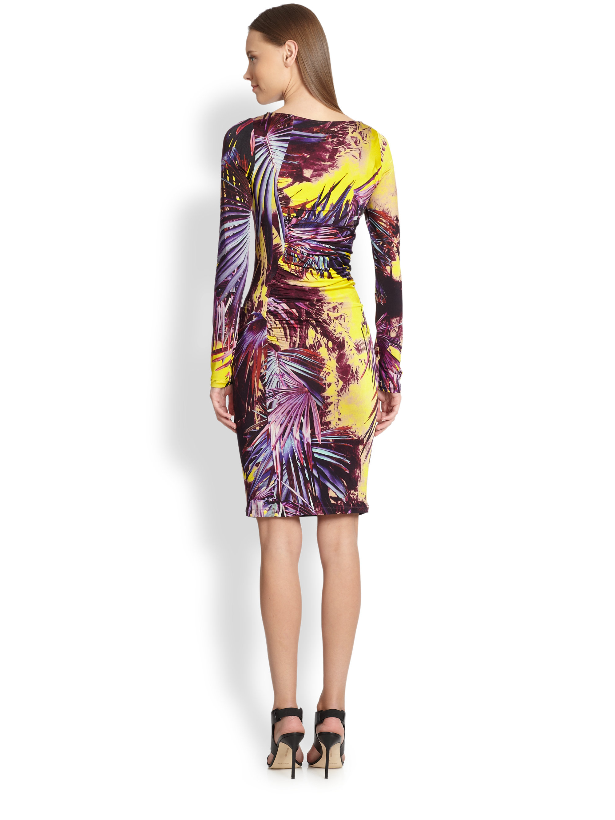Jean Paul Gaultier Palm-Print Ruched Longsleeve Dress in Violet (Black) - Lyst