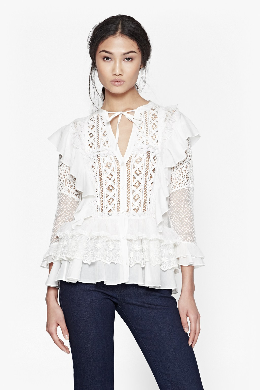 French connection Dayton Lace Frill Top in White (Winter White) | Lyst