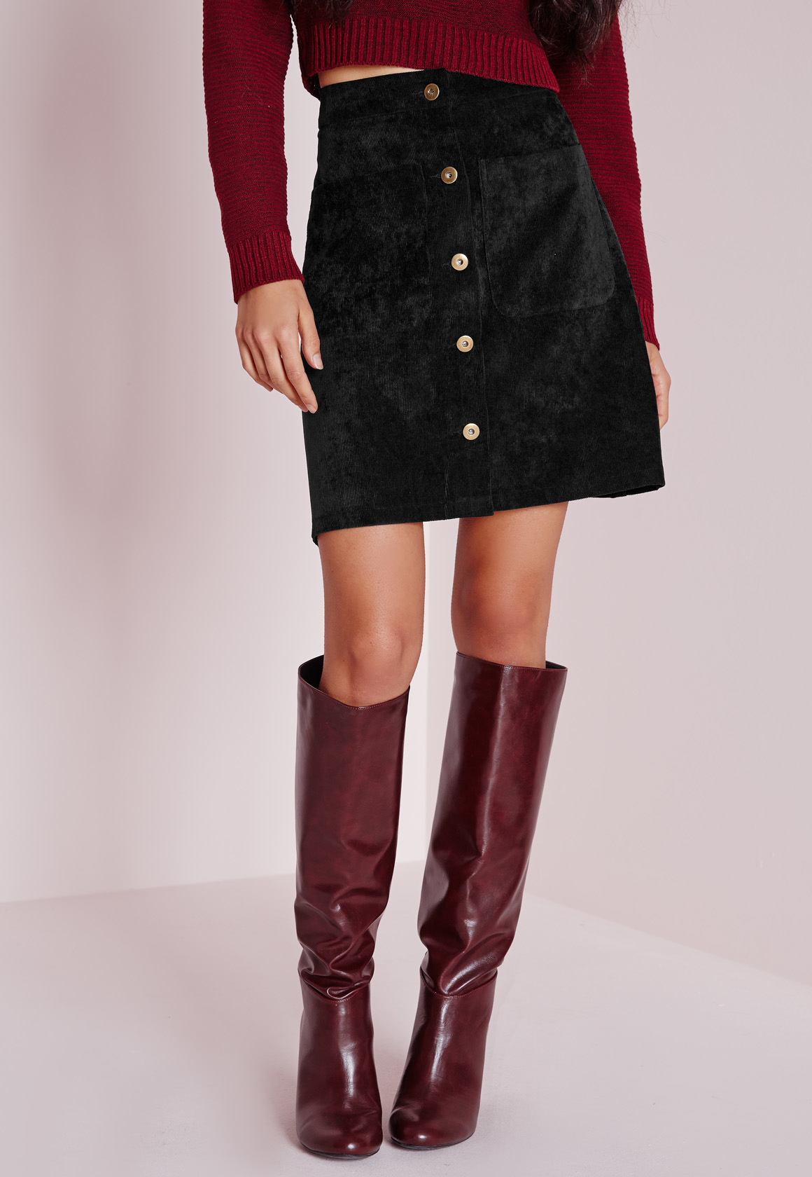 black cord knee length skirt