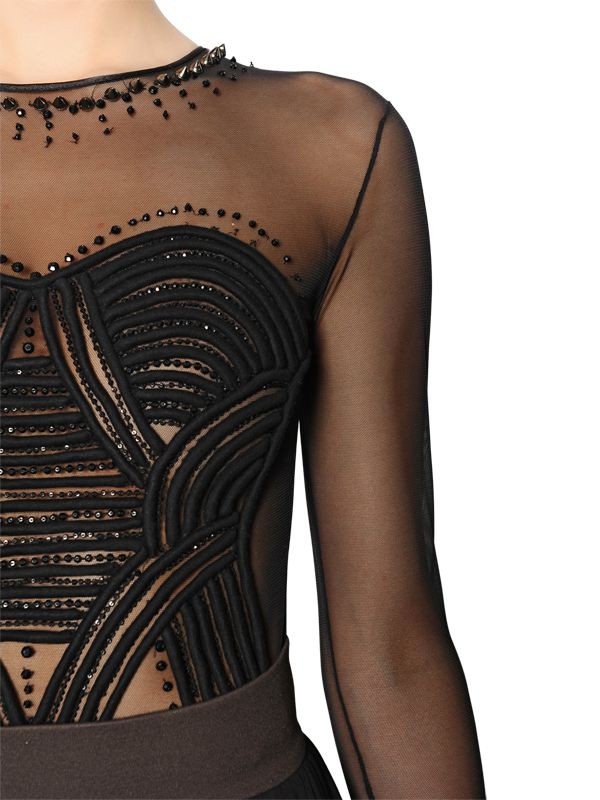 Lyst - Amen Embellished Stretch Tulle Bodysuit in Black